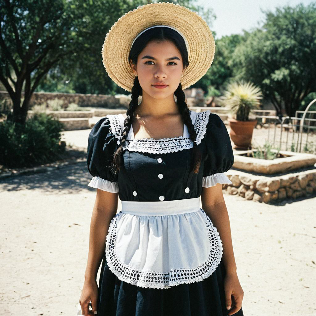Young Woman in Traditional Maid Costume in Garden Young Woman in Traditional Maid Costume in Garden