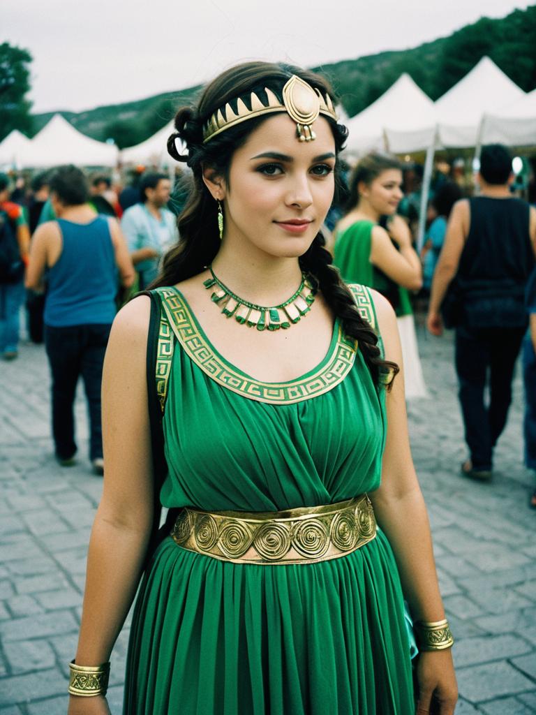 Woman in Green Greek Goddess Costume at Festival Candid Cosplay Portrait