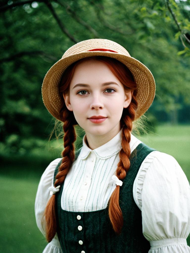 Anne of Green Gables Inspired Portrait of Young Woman in Vintage Outfit and Straw Hat