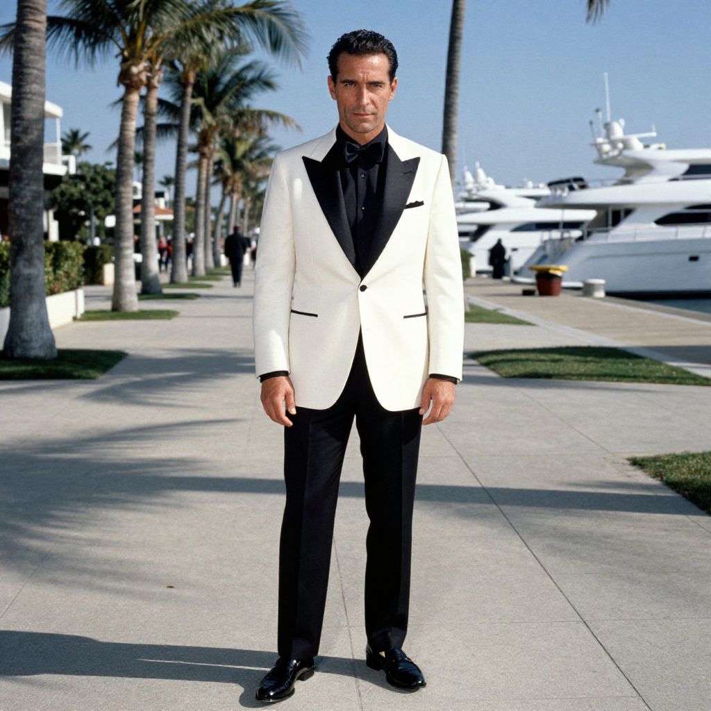 Man in White Tuxedo Near Yachts at Marina with Palm Trees
