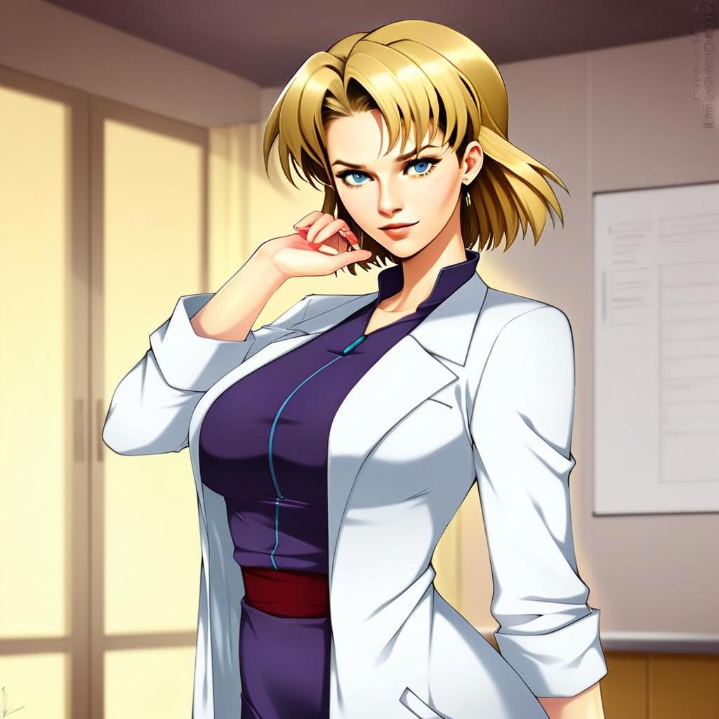 Confident Blonde Woman in White Lab Coat Anime Illustration