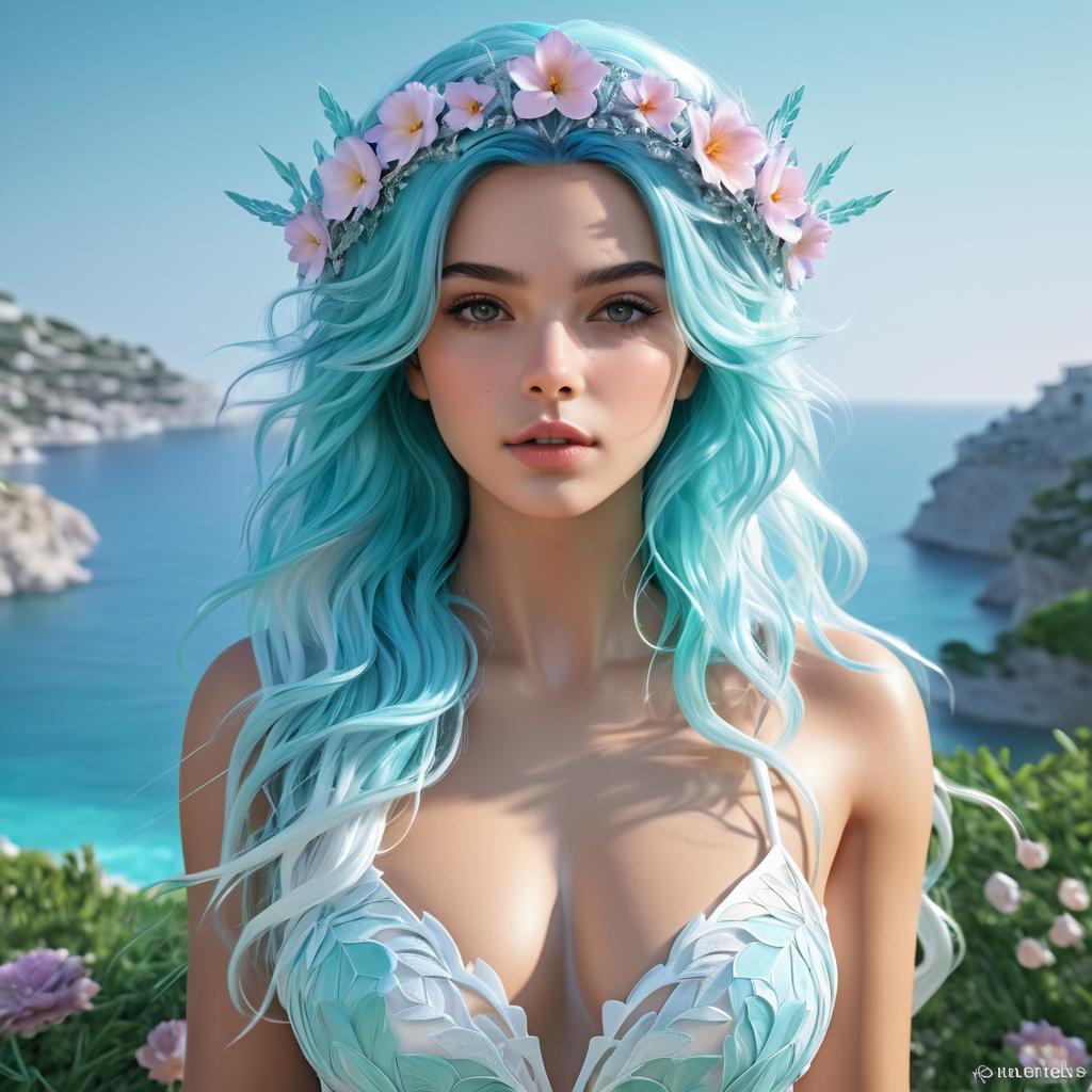 Serene Woman with Aqua Hair and Floral Crown