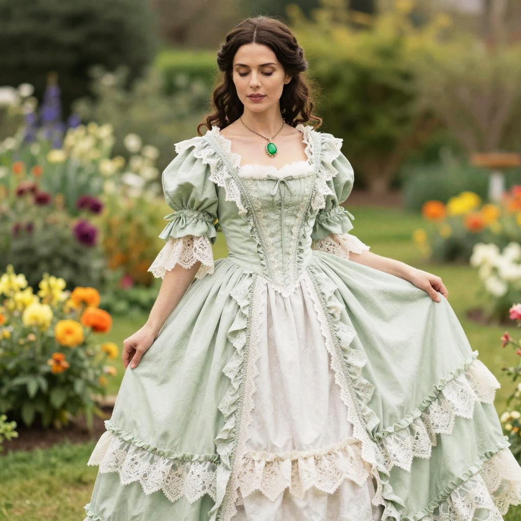 Woman in Vintage Green Lace Victorian Dress in Garden