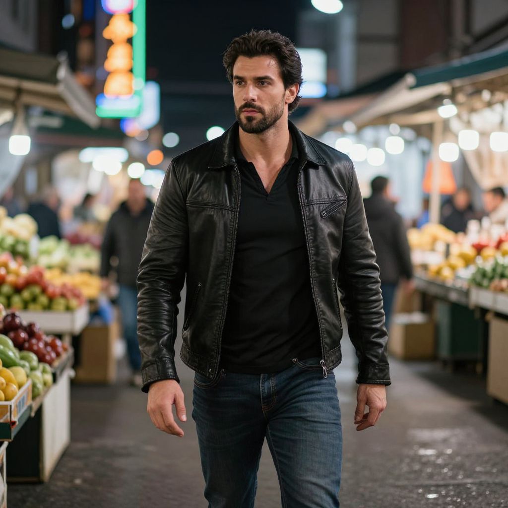 Man Walking in Night Market with Leather Jacket