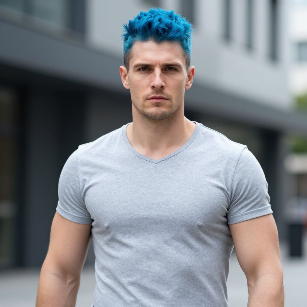 Portrait of Young Man with Bright Blue Hair in Urban Setting