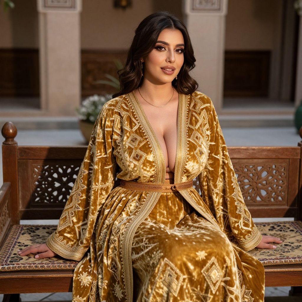 Woman in Traditional Golden Velvet Embroidered Dress Sitting on Carved Wooden Bench