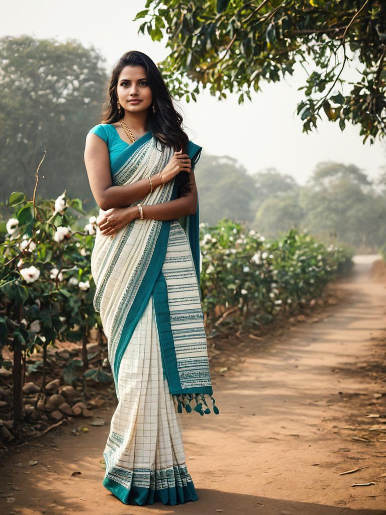 Woman in Traditional Malmal Cotton Saree Outdoor Portrait in Daylight