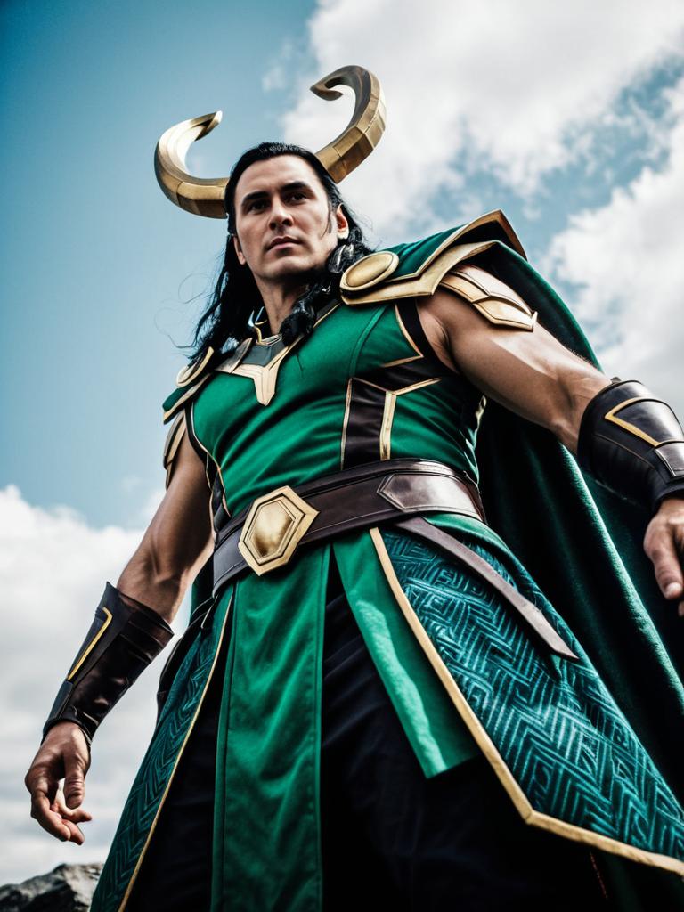 Man in Loki Ragnarok Cosplay with Cinematic Realism and Dramatic Low Angle Shot