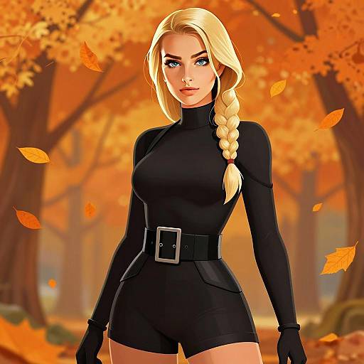 Stylish Blonde Woman in Black Outfit in Autumn Forest Illustration