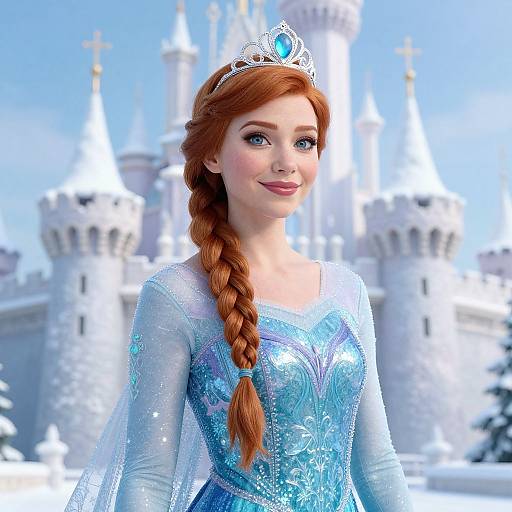 Digital Portrait of Enchanting Princess in Blue Gown with Braided Hair at Snowy Castle