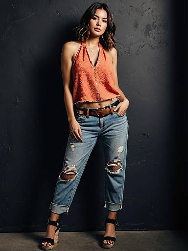 Woman in Casual Streetwear Coral Textured Halter Top and Ripped Jeans