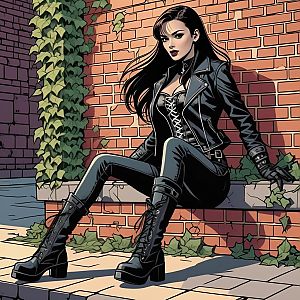 Confident Woman in Leather Against Ivy Wall