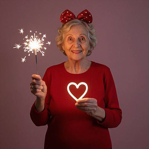Elderly Woman Holding Sparkler and Heart Light in Festive Red Outfit