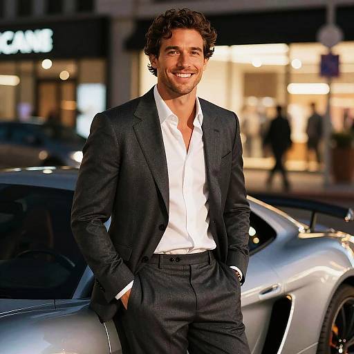Confident Man in Grey Suit Leaning on Silver Sports Car in Urban Evening