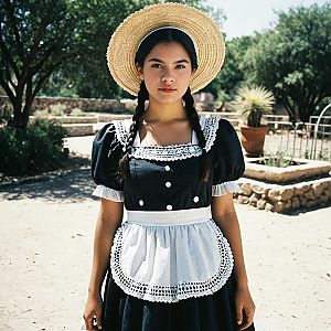 Young Woman in Traditional Maid Costume in Garden