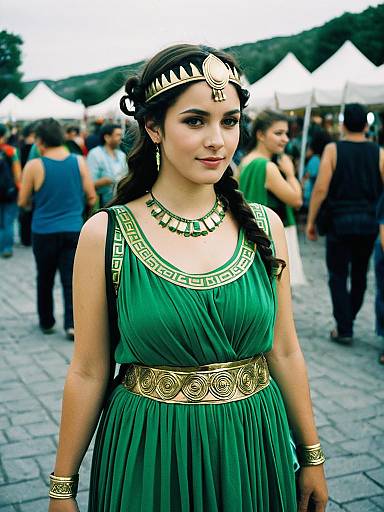 Woman in Green Greek Goddess Costume at Festival Candid Cosplay Portrait