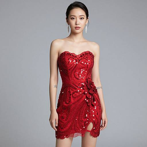 Elegant Woman in Red Sequin Strapless Dress