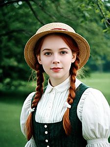 Anne of Green Gables Inspired Portrait of Young Woman in Vintage Outfit and Straw Hat