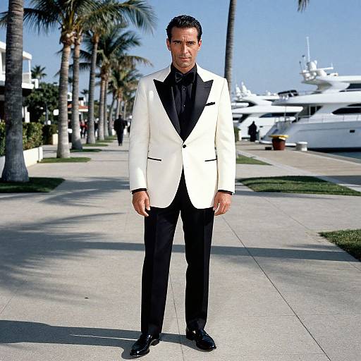 Man in White Tuxedo Near Yachts at Marina with Palm Trees
