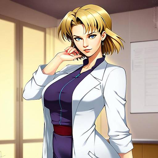 Confident Blonde Woman in White Lab Coat Anime Illustration