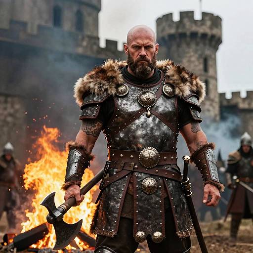 Medieval Warrior Man in Armor with Axe by Castle Fire