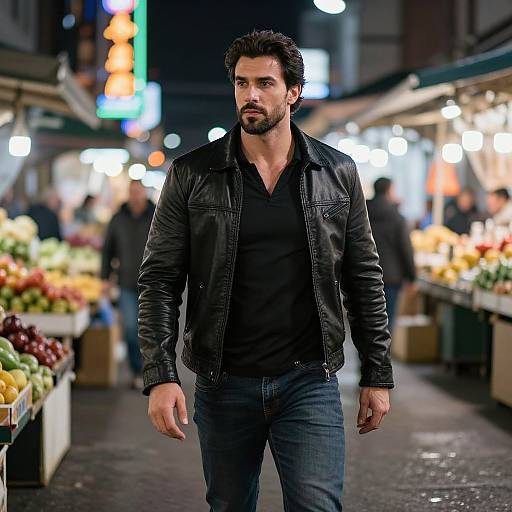 Man Walking in Night Market with Leather Jacket