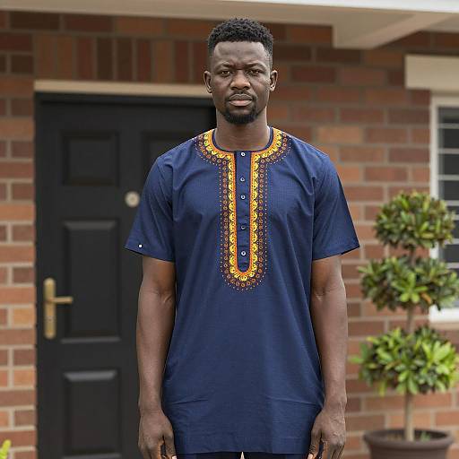 Man Wearing Traditional Navy Blue African Dashiki Shirt Outdoors