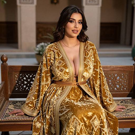 Woman in Traditional Golden Velvet Embroidered Dress Sitting on Carved Wooden Bench