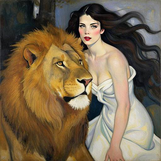 Elegant Woman in White Dress with Majestic Lion Painting