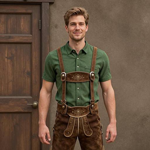 Man Wearing Traditional Bavarian Lederhosen with Green Shirt