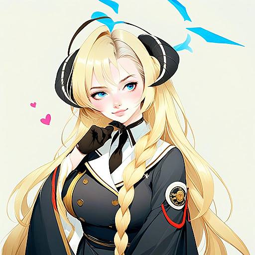 Akari Blue Archive Anime Blonde Woman with Horns in Military Uniform Illustration
