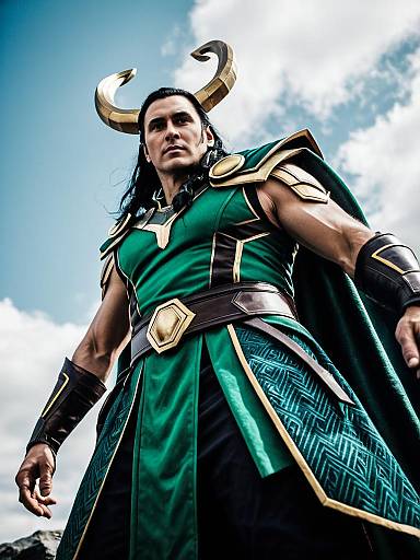 Man in Loki Ragnarok Cosplay with Cinematic Realism and Dramatic Low Angle Shot