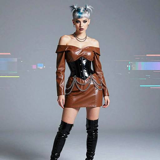 Edgy Gen Z Woman in Brown Leather Dress and Black Corset with Chains