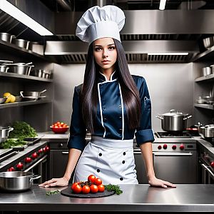 Confident Young Woman Chef in Modern Kitchen