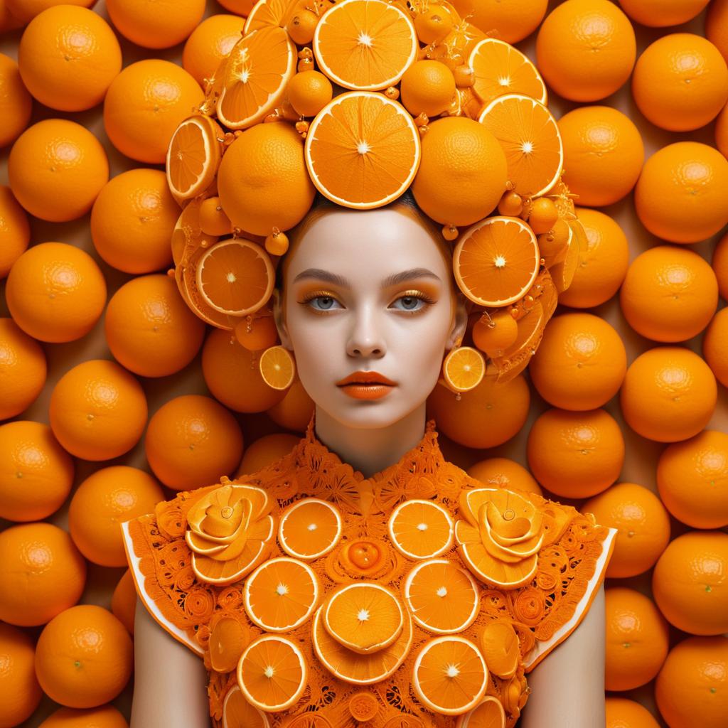 Woman in Orange Outfit with Oranges