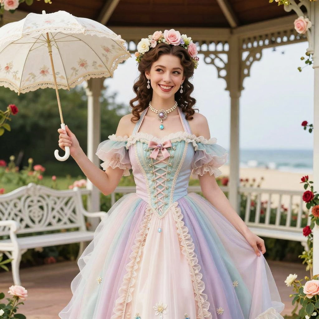 Woman in Pastel Vintage Ball Gown with Floral Crown and Lace Parasol