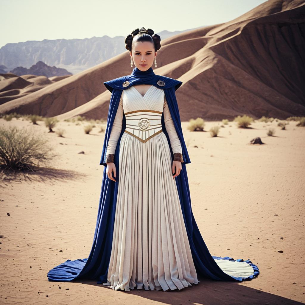 Regal Woman in Fantasy-Inspired White and Blue Gown in Desert