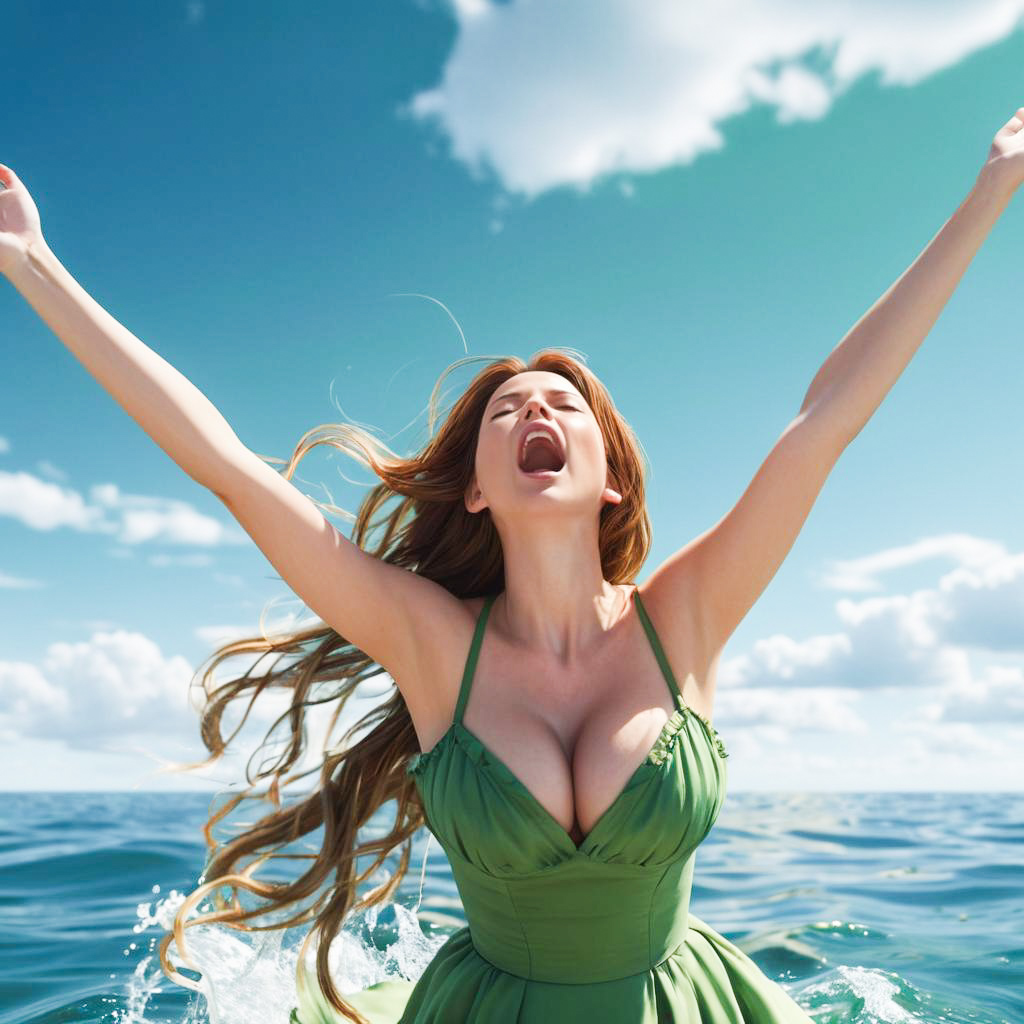 Joyful woman in green dress celebrating in ocean Joyful woman in green dress celebrating in ocean