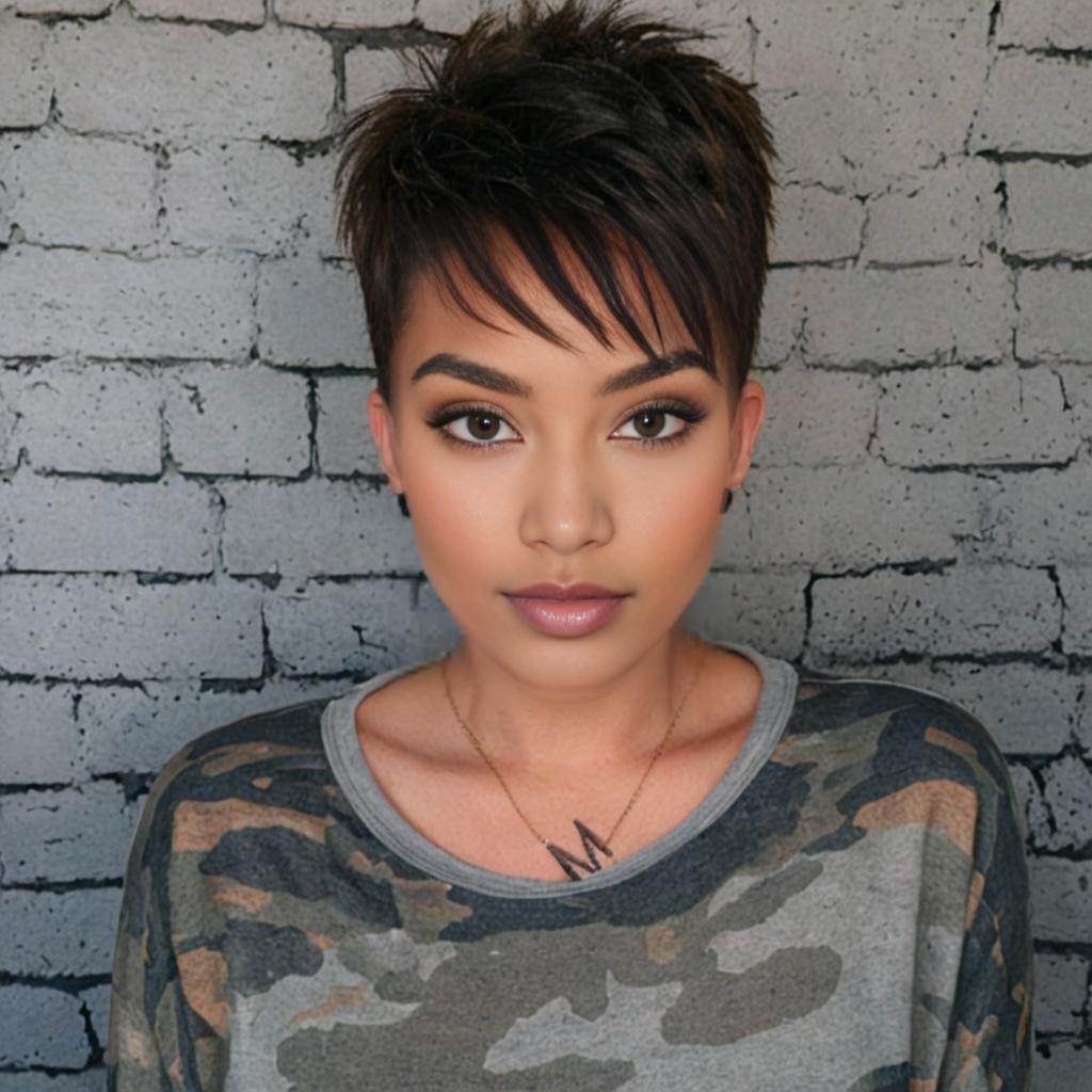 Stylish Woman with Pixie Haircut Against Brick Wall