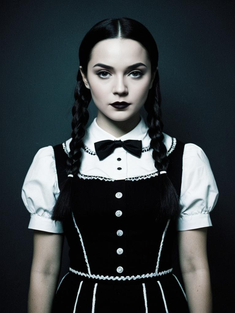 Woman in Wednesday Addams Costume Waist Up Portrait