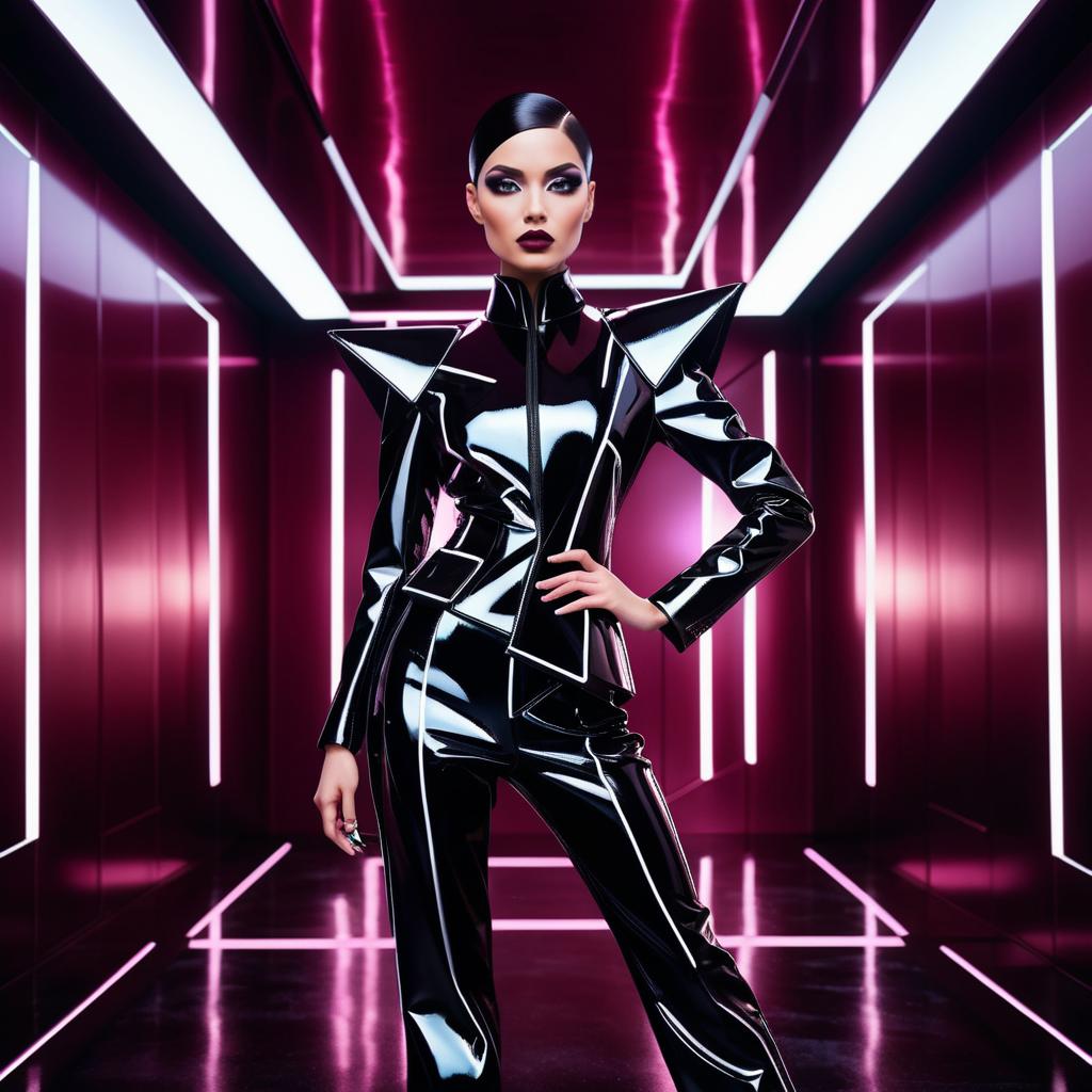 Confident Woman in Futuristic Pink Neon Hallway