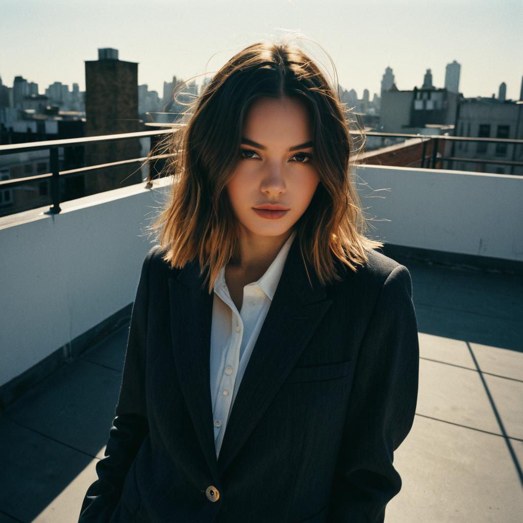 Confident Young Woman in Blazer on Urban Rooftop with City Skyline