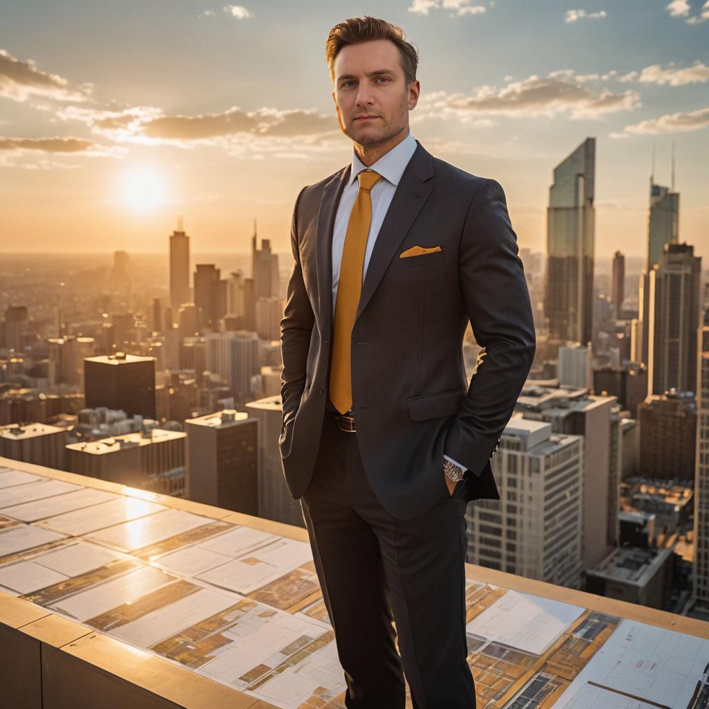 Confident architect on high-rise at sunset with blueprints