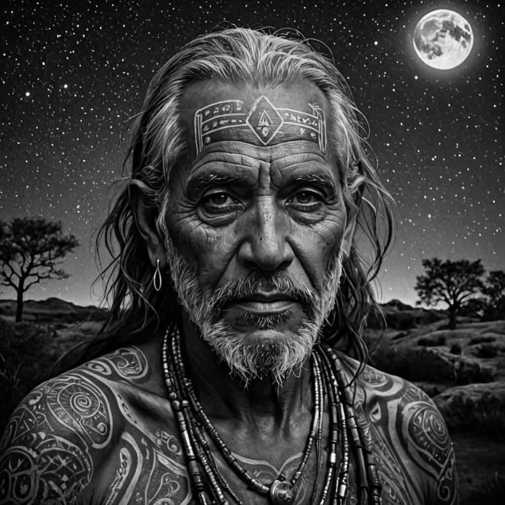 Black and White Portrait of an Indigenous Man with Tattoos