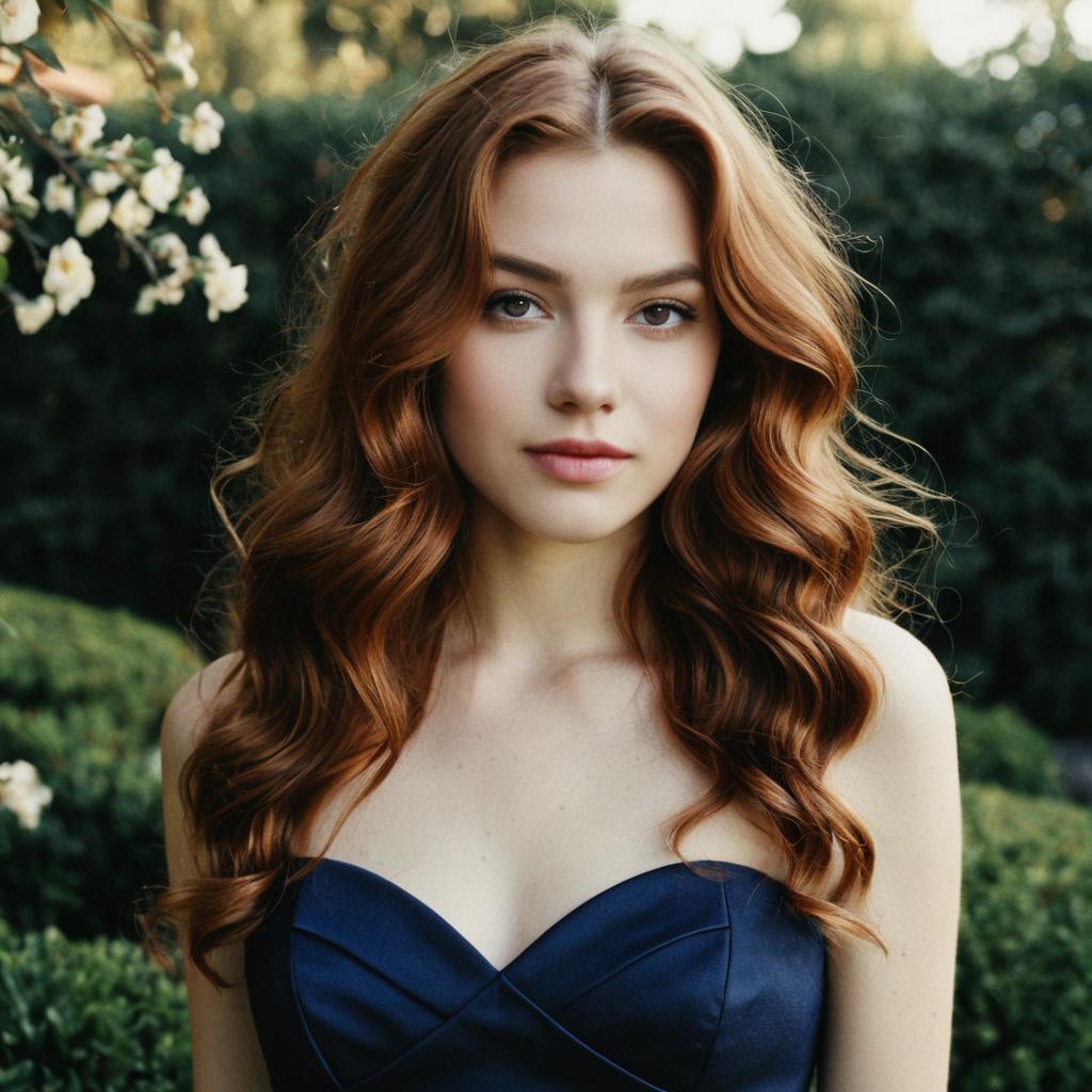 Elegant Woman with Red Wavy Hair in Navy Blue Dress Outdoor Portrait