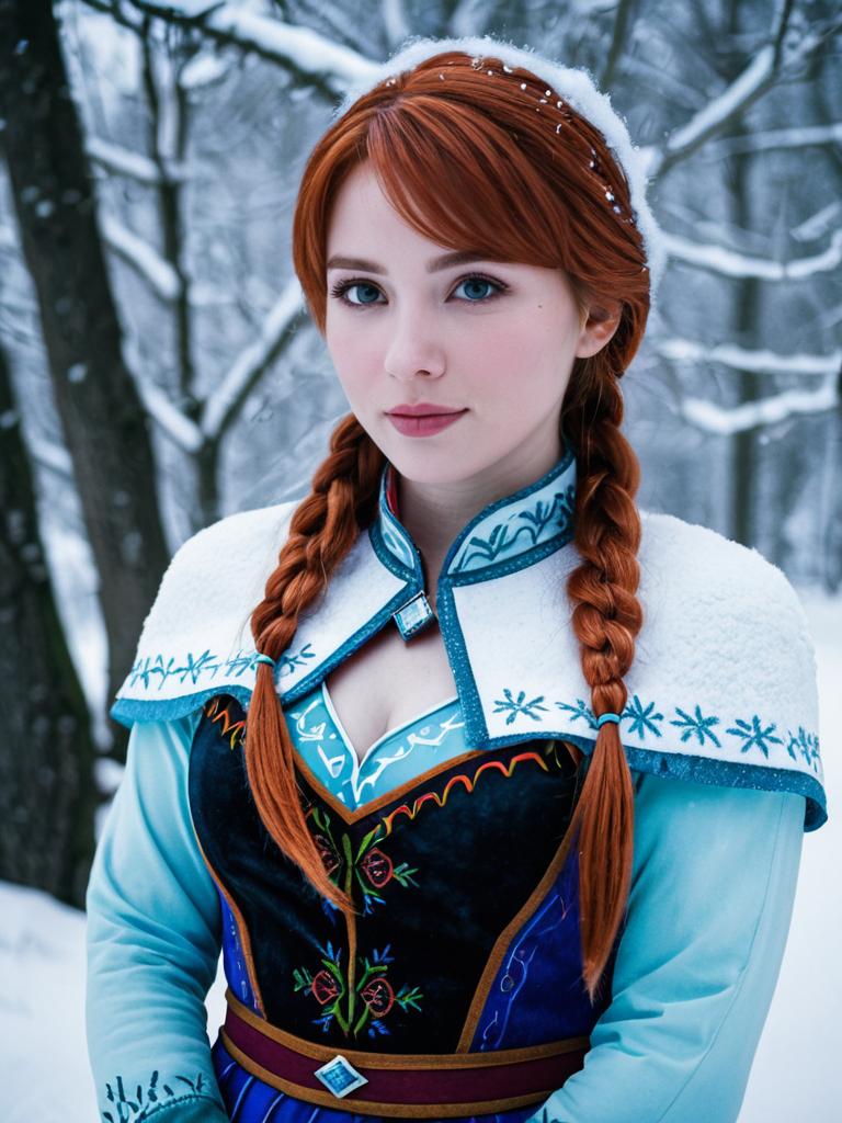 Woman with Red Hair in Snowy Forest Costume