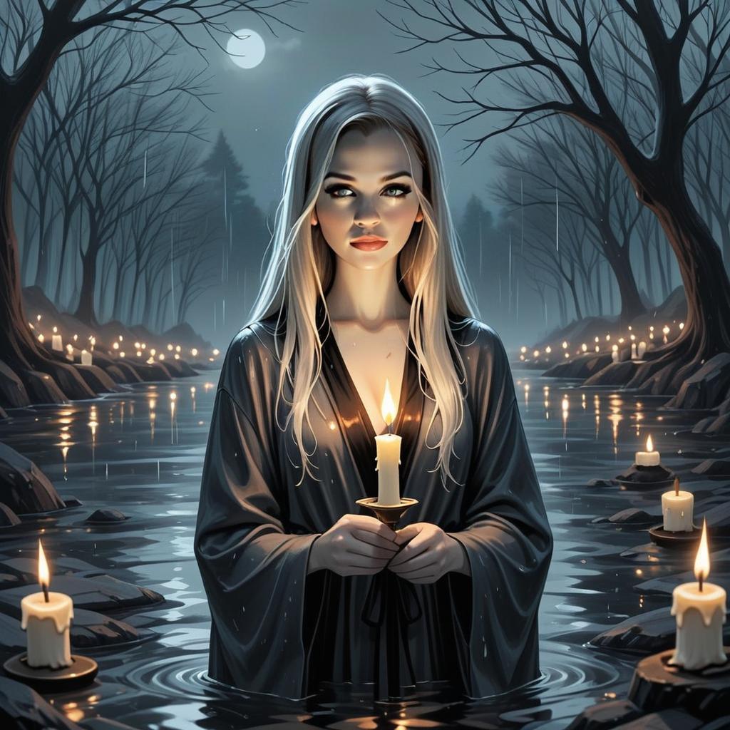 Mysterious Woman Holding Candle in Moonlit River with Floating Candles in Gothic Forest
