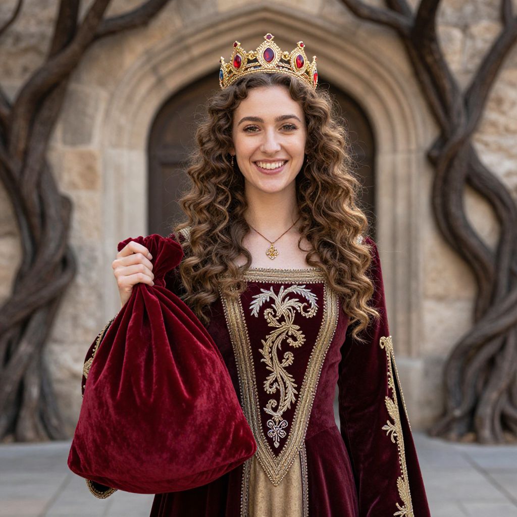 Medieval Woman in Velvet Dress and Jeweled Crown Holding Red Bag