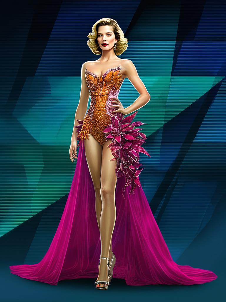 Glamorous Woman in Orange and Pink Evening Gown