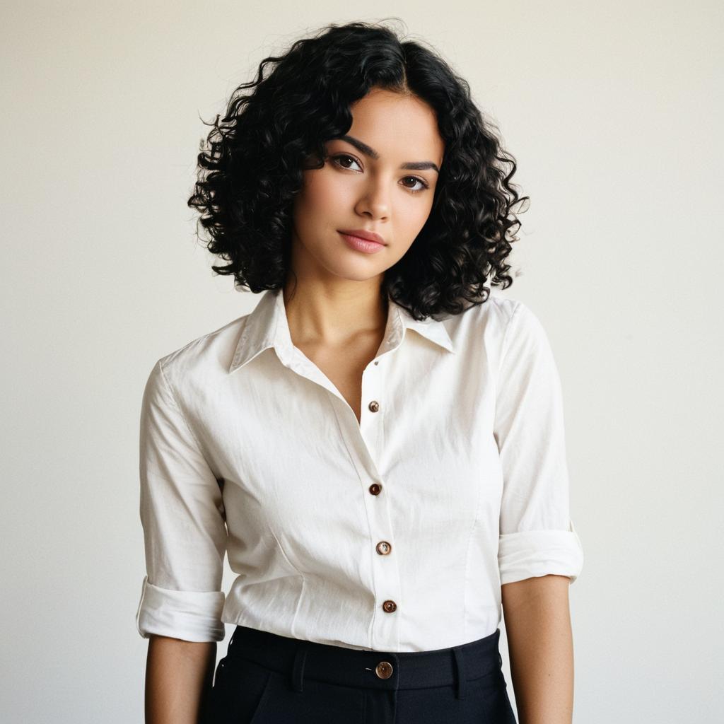 Professional Portrait of Woman with Curly Hair in White Shirt Professional Portrait of Woman with Curly Hair in White Shirt